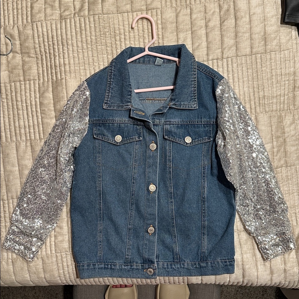 Denim Jacket with Silver Sequin Sleeves, unicorn back